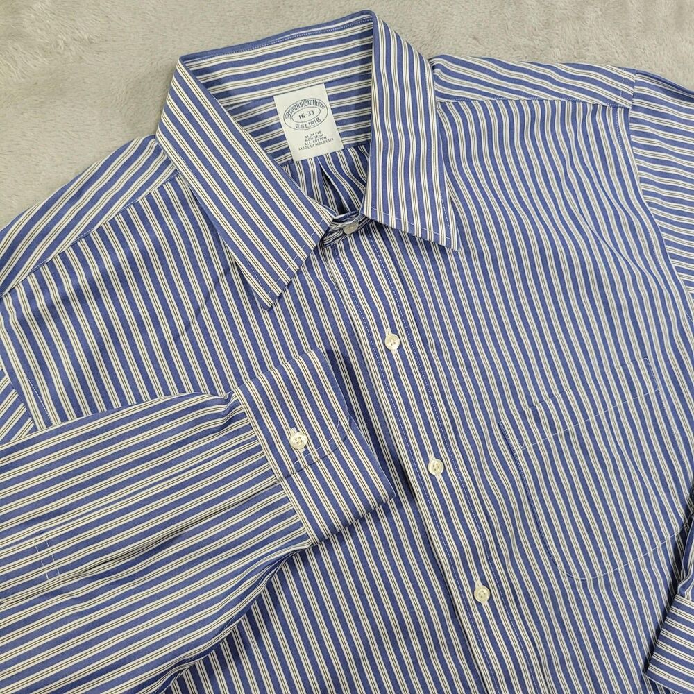 Brooks Brothers Dress Shirt Mens 16-33 Blue Striped Slim Fit Non Iron Cotton